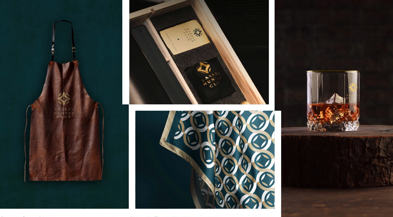 Barrel Hunter Club — Leather apron, pattern scarf, membership kit, and branded glassware