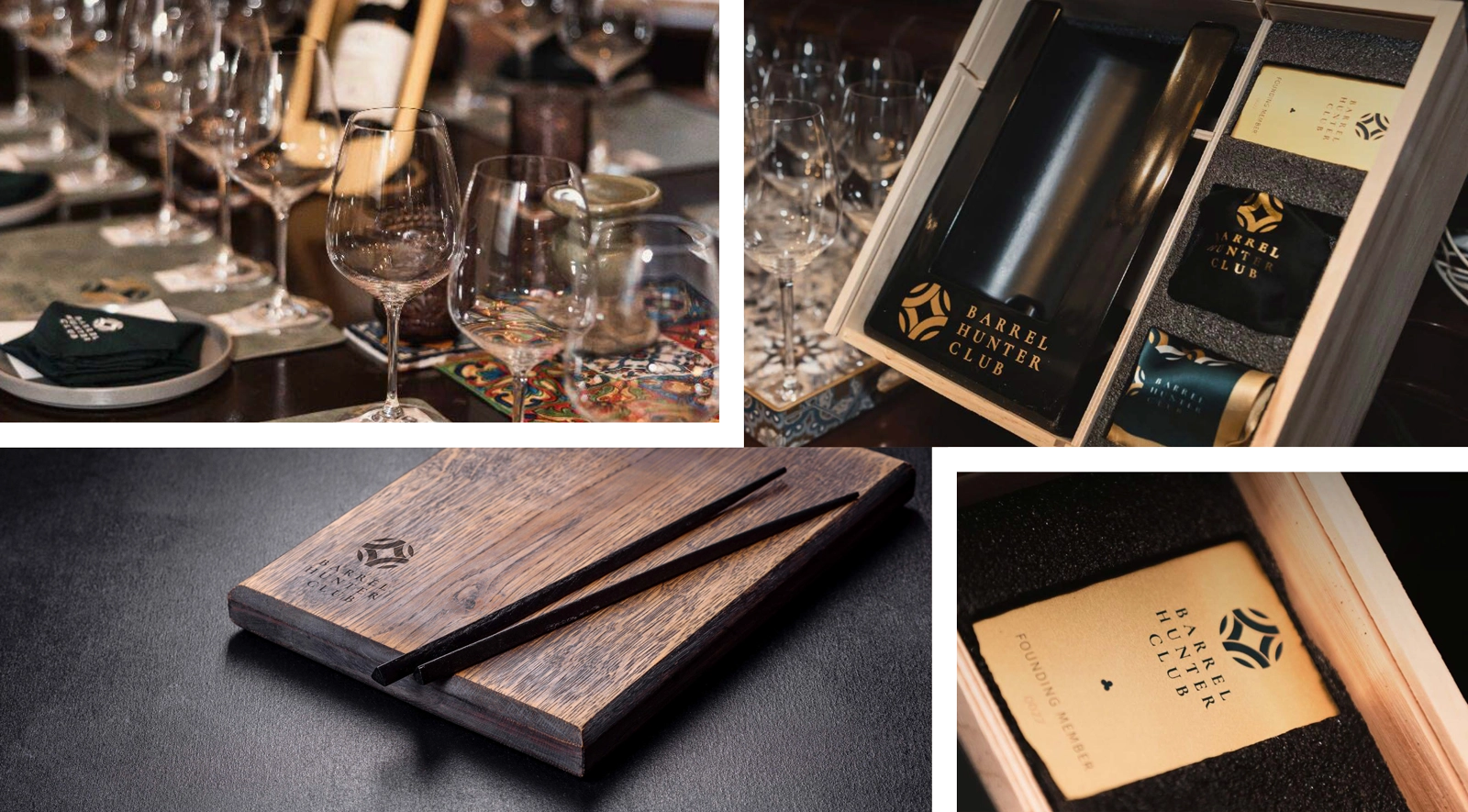 Barrel Hunter Club — Table setting, oak boards, membership box, and founding member card
